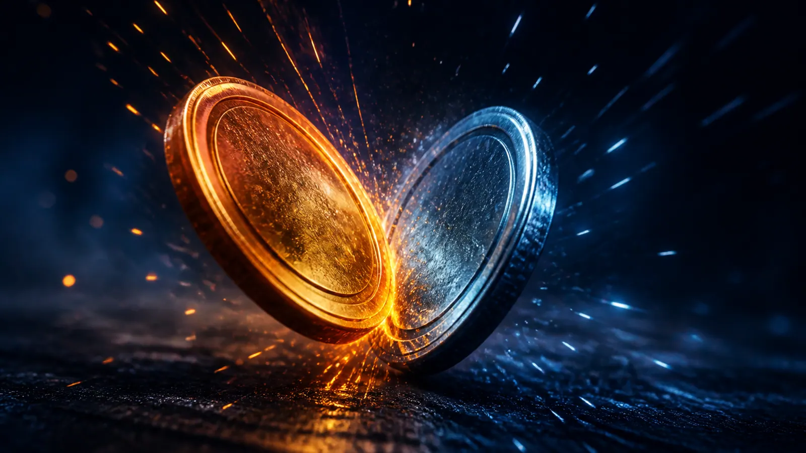 Two metallic coins in mid-air, amber and steel-blue, illustrating coinflip
