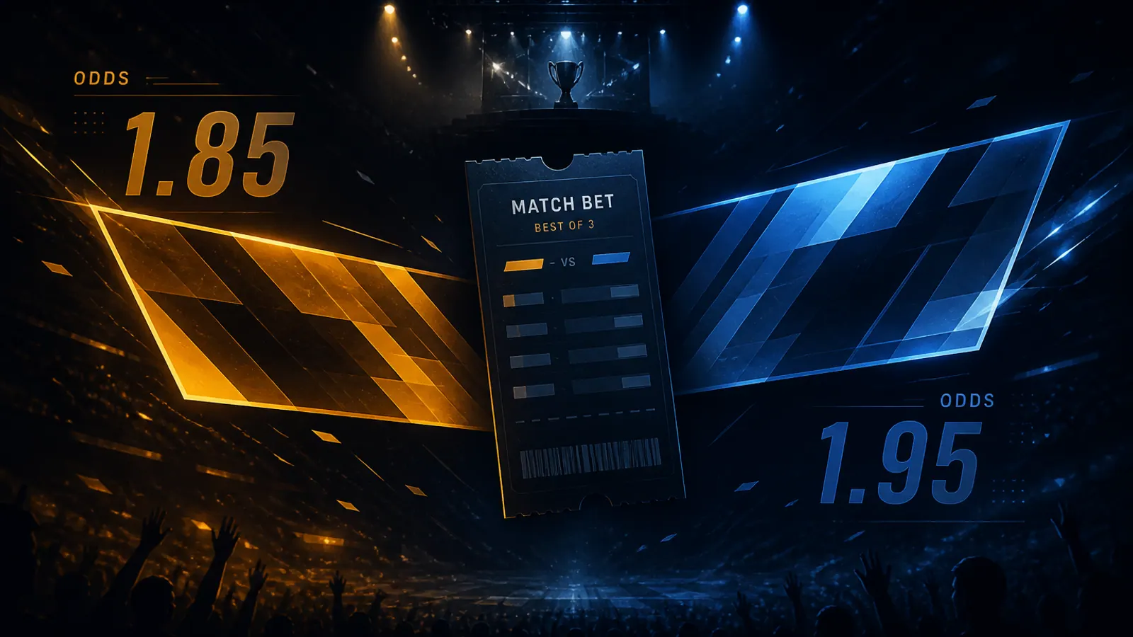 Editorial esports match-betting illustration with tickets and opposing banners