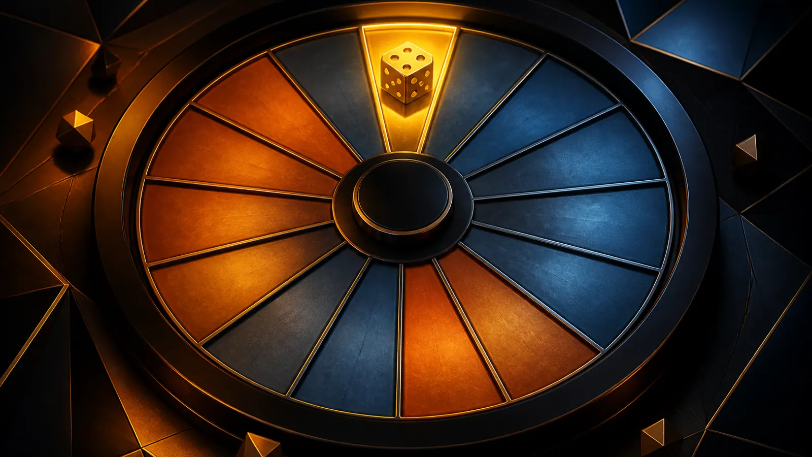 Abstract 15-segment roulette wheel with amber, steel-blue and gold bonus segments