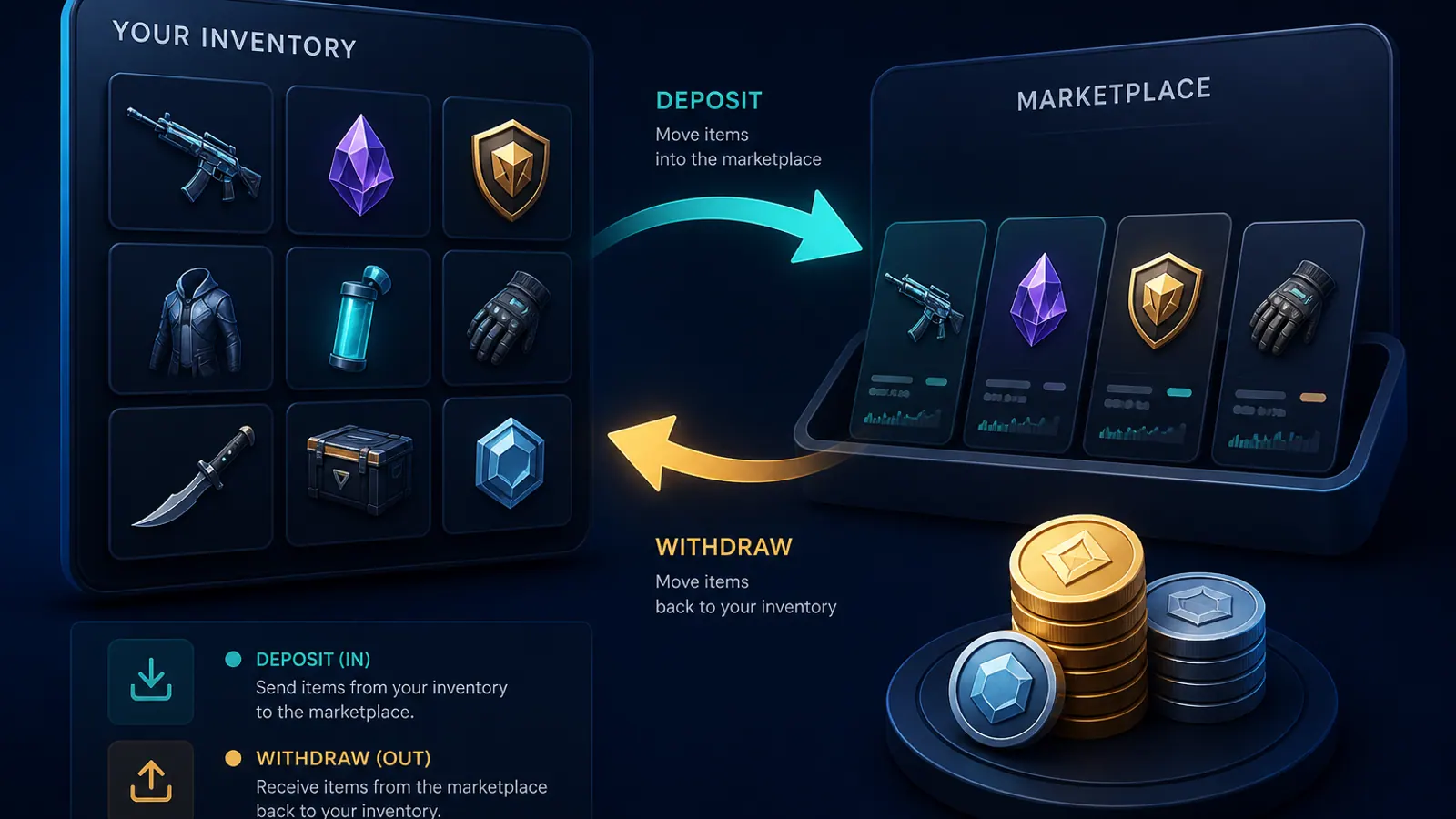 Editorial illustration of inventory cards moving into a marketplace tray