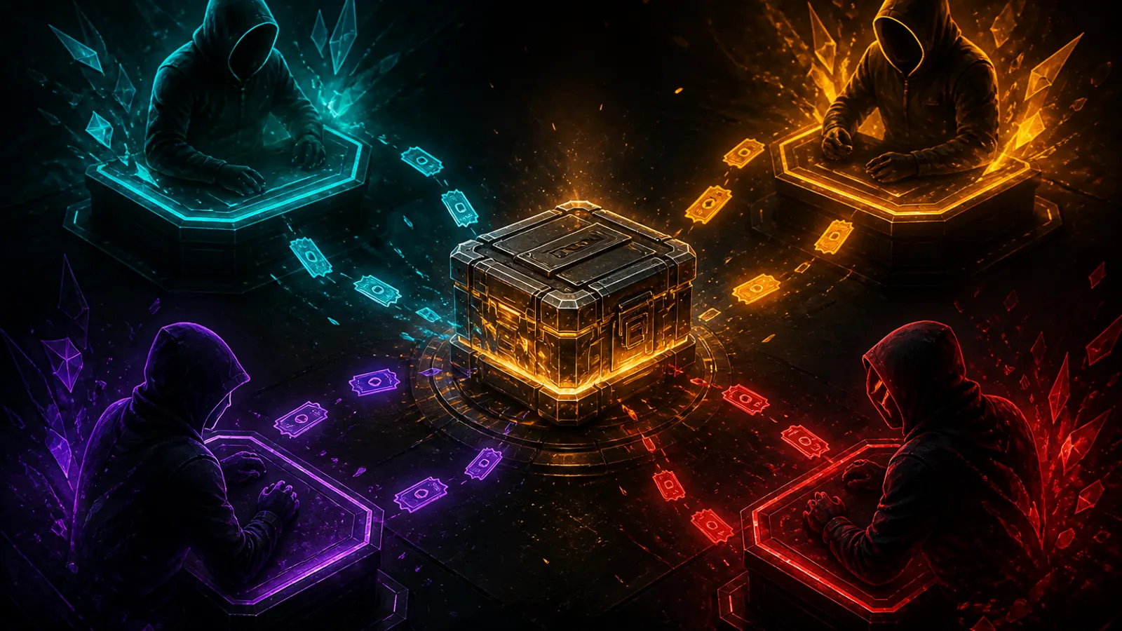 Four player stations around a shared crate