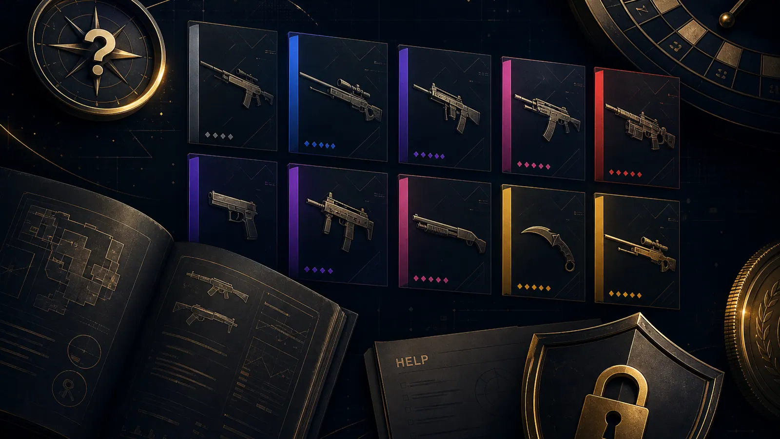 Editorial illustration of CSGOEmpire help: abstract skin cards, a guide document, roulette motif and a security shield