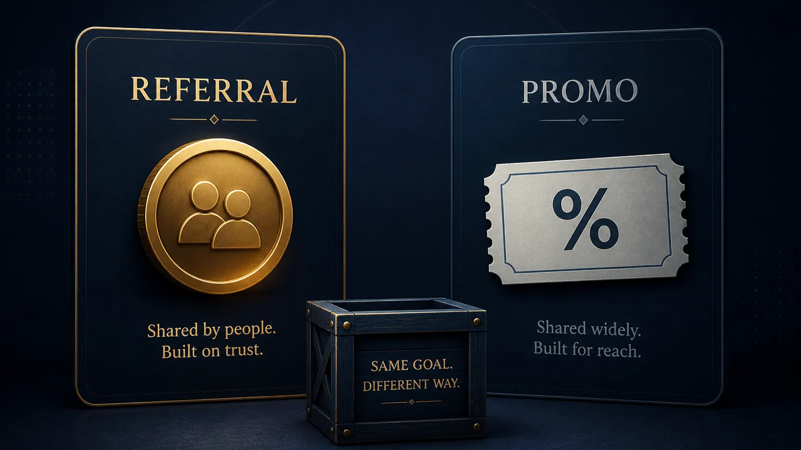 Editorial comparison of a promo ticket and a referral token beside a free-case crate