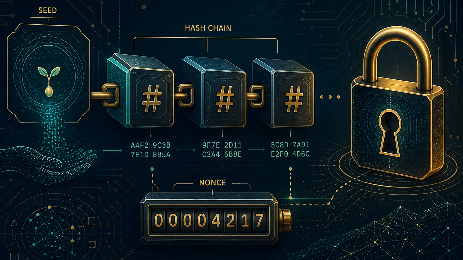 Abstract cryptographic hash blocks and seeds illustrating provable fairness