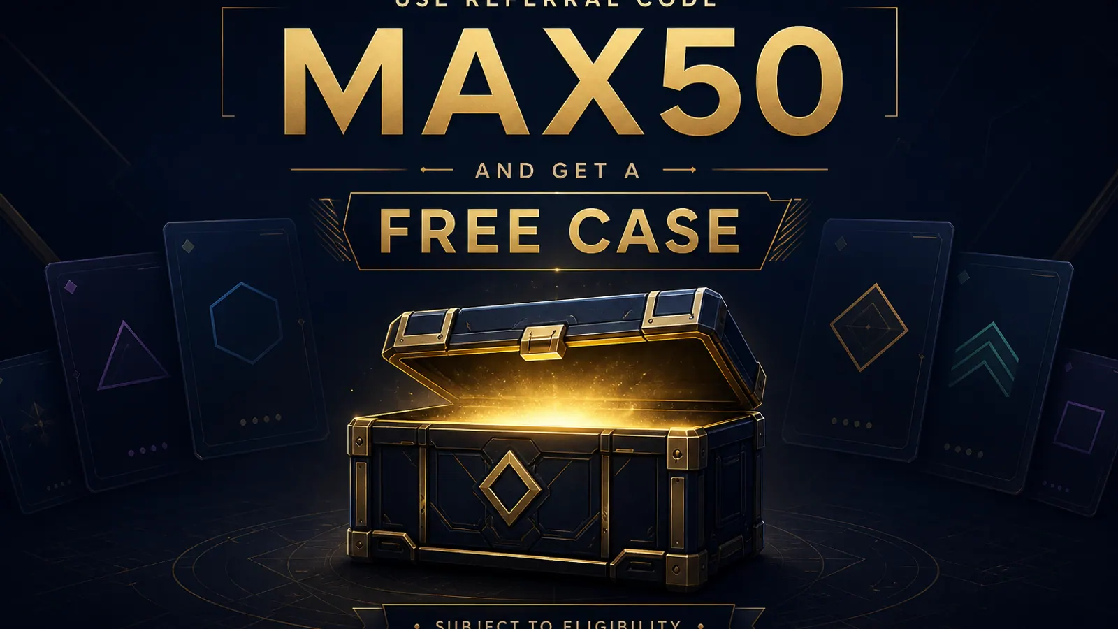 Editorial MAX50 referral visual with a free-case crate and eligibility note