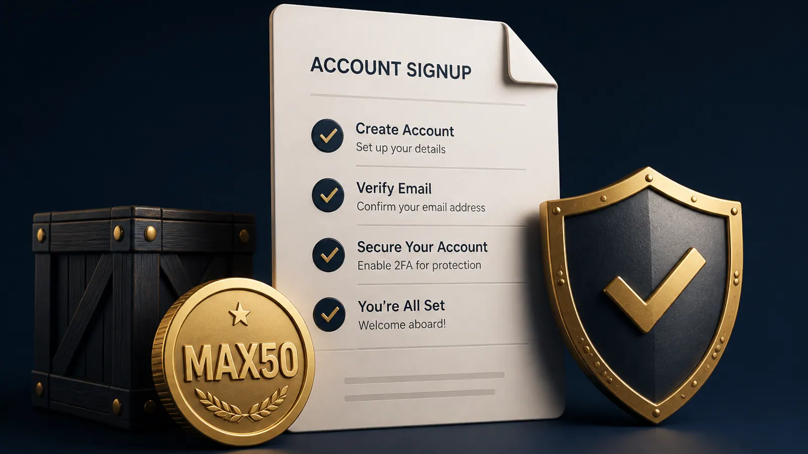 Editorial signup checklist with a MAX50 token, crate and security shield