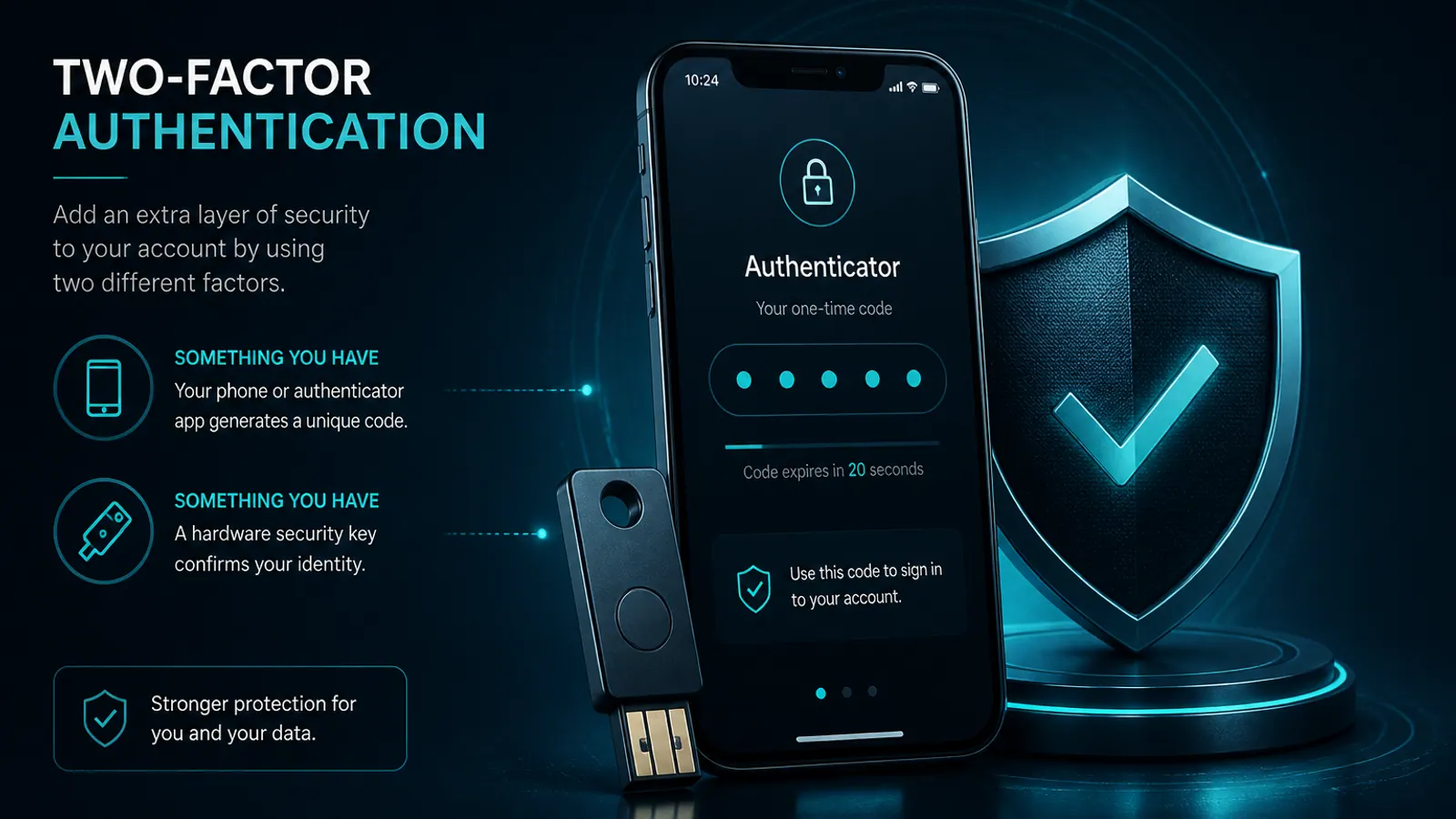 Smartphone authenticator, hardware key and shield illustrating Steam Guard