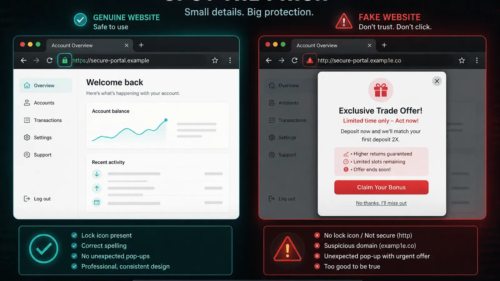Side-by-side genuine and fake browser windows illustrating phishing education