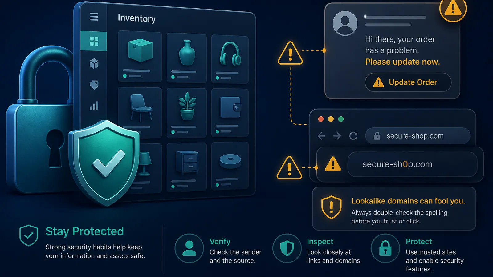 Security illustration of a shield protecting an abstract inventory grid